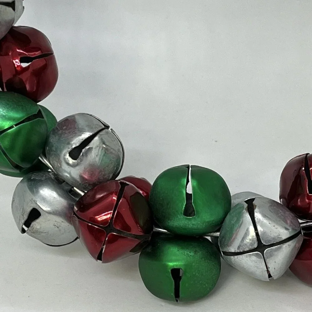 Christmas Jingle Bell Wreath Red Silver Green With Holly Accent Metal